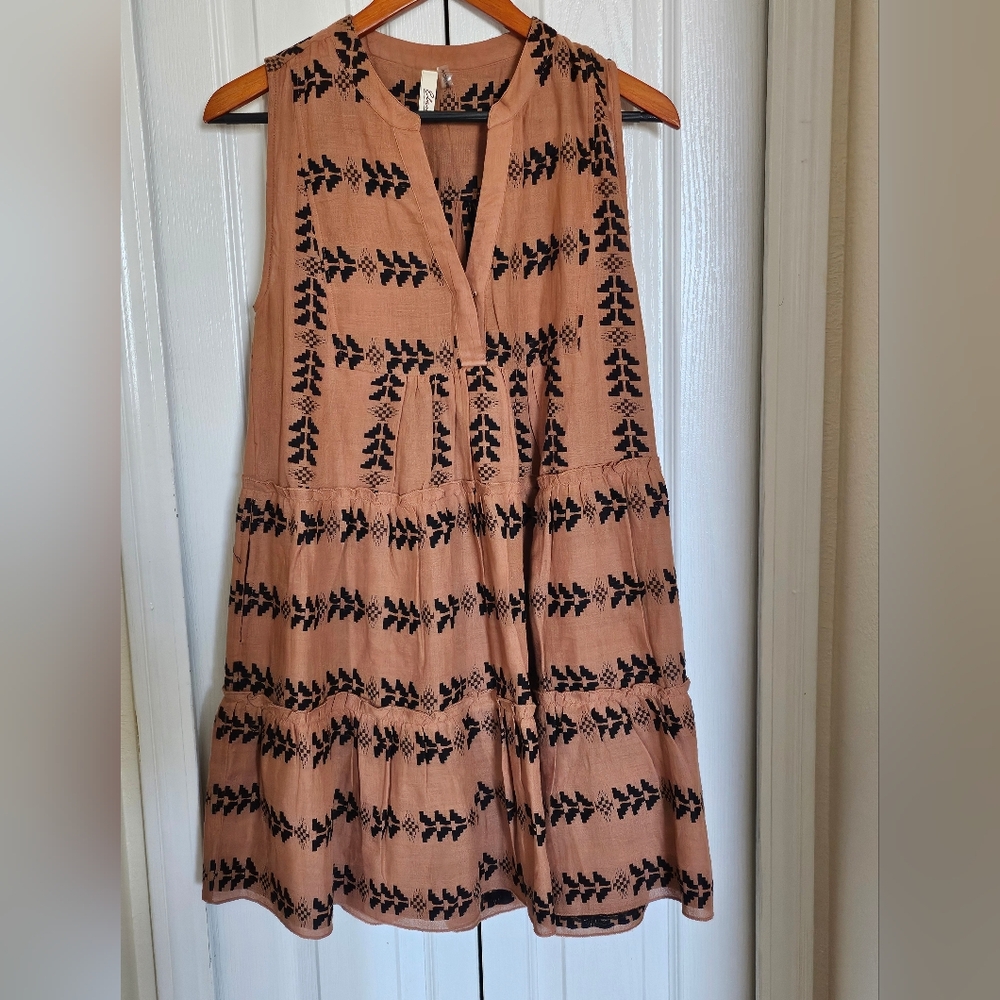 Elan Bohemian Tribal Print Tiered Dress Small Rust Cotton Festival Mini Sz Small - Picture 2 of 12